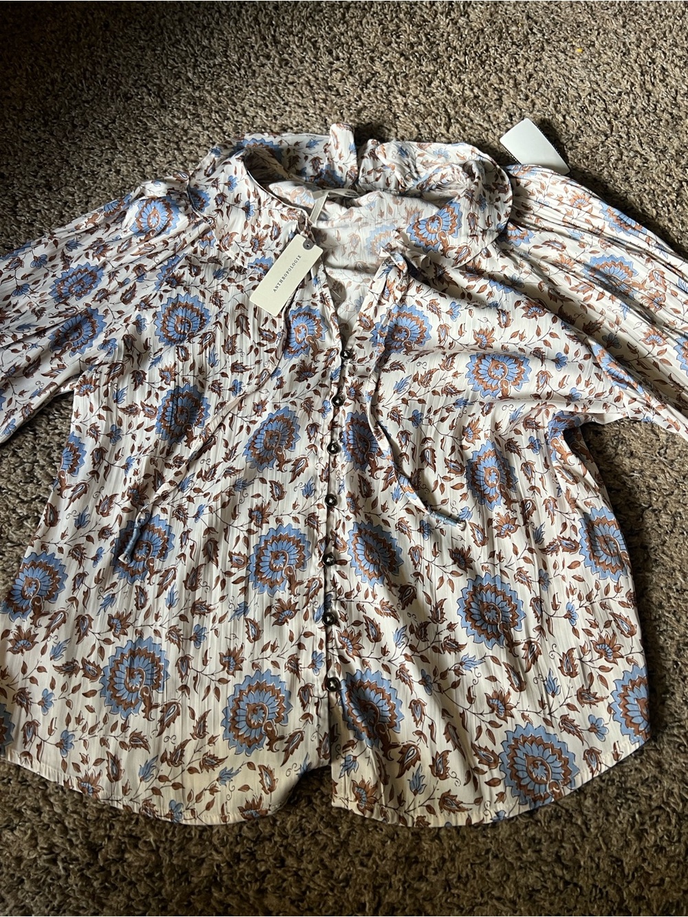 Anthropologie Cream Blouse with Blue and Brown Floral Print